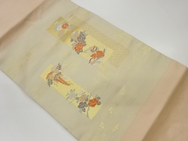 JAPANESE KIMONO / VINTAGE NAGOYA OBI / WOVEN FLOWER WITH BIRDS
